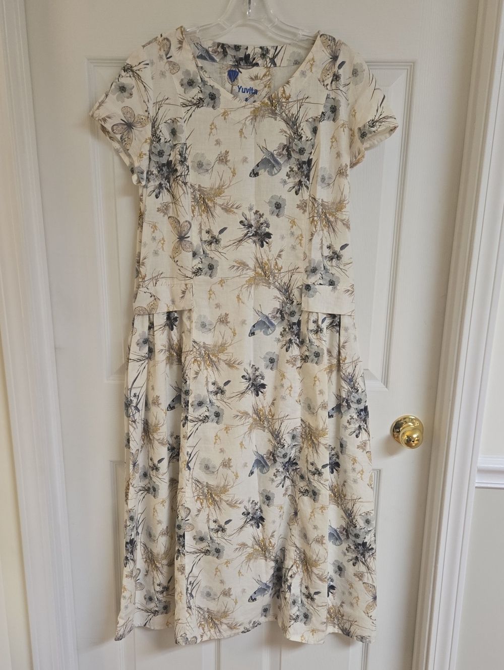 Yuvita Cream  Butterfly And Floral Short Sleeve Dress